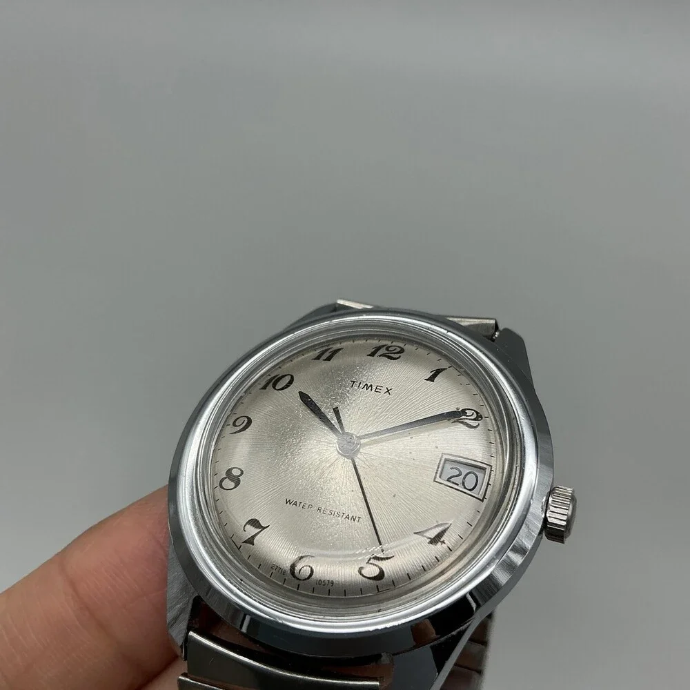 Vintage 1979 Timex Marlin Mens Watch 37mm Silver Dial Date Manual Wind